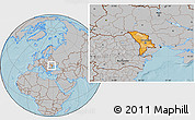 Political Location Map of Moldova, gray outside, hill shading