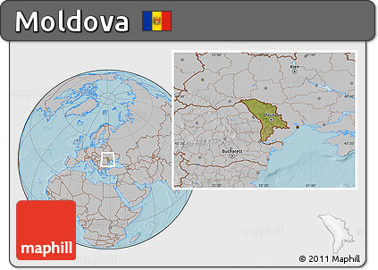 Satellite Location Map of Moldova, gray outside, hill shading