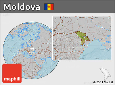Satellite Location Map of Moldova, gray outside, hill shading