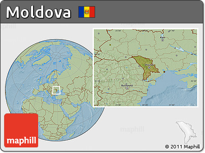 Satellite Location Map of Moldova, savanna style outside, hill shading