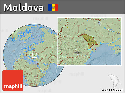 Satellite Location Map of Moldova, savanna style outside, hill shading