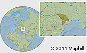 Satellite Location Map of Moldova, savanna style outside, hill shading