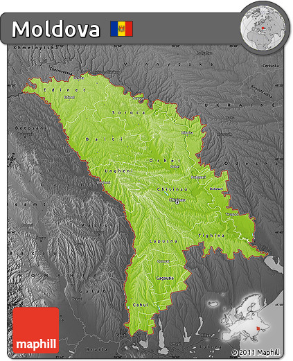 Physical Map of Moldova, darken, desaturated