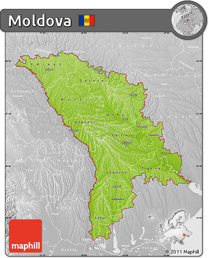 Physical Map of Moldova, lighten, desaturated
