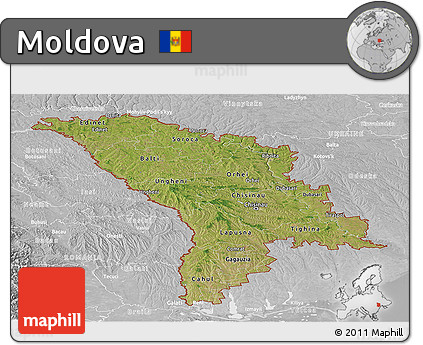 Satellite Panoramic Map of Moldova, lighten, desaturated