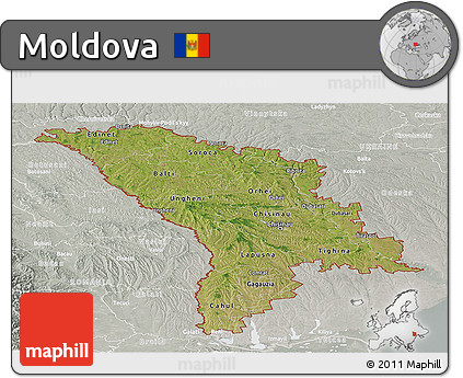Satellite Panoramic Map of Moldova, lighten, semi-desaturated