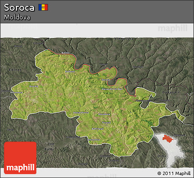 Satellite 3D Map of Soroca, darken, semi-desaturated