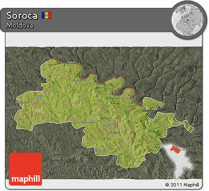 Satellite 3D Map of Soroca, darken, semi-desaturated