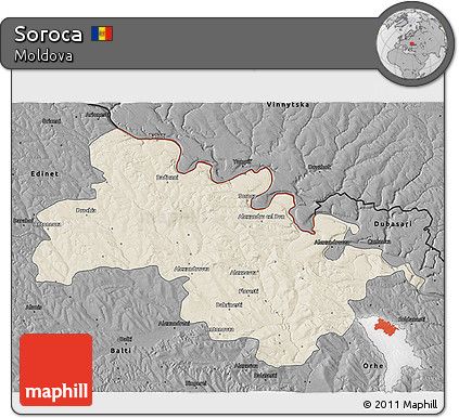 Shaded Relief 3D Map of Soroca, darken, desaturated