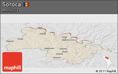 Shaded Relief Panoramic Map of Soroca, lighten, desaturated