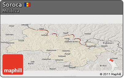 Shaded Relief Panoramic Map of Soroca, semi-desaturated