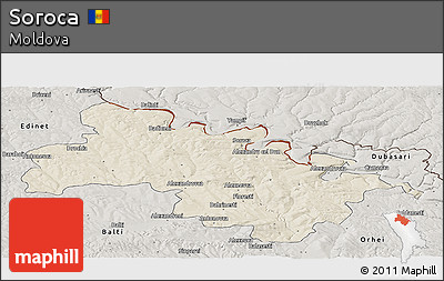 Shaded Relief Panoramic Map of Soroca, semi-desaturated