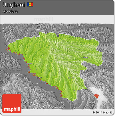 Physical 3D Map of Ungheni, desaturated