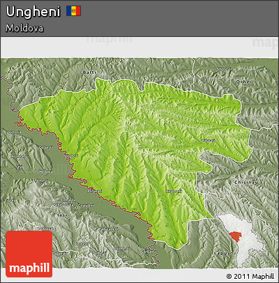 Physical 3D Map of Ungheni, semi-desaturated