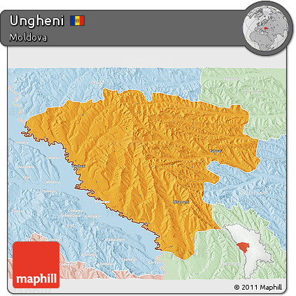 Political 3D Map of Ungheni, lighten