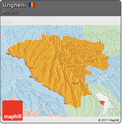 Political 3D Map of Ungheni, lighten