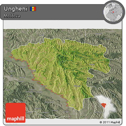 Satellite 3D Map of Ungheni, semi-desaturated