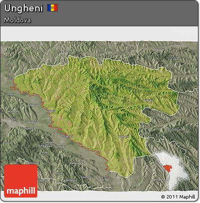 Satellite 3D Map of Ungheni, semi-desaturated