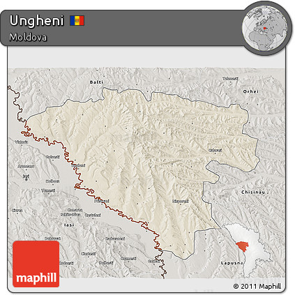 Shaded Relief 3D Map of Ungheni, semi-desaturated