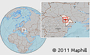 Gray Location Map of Ungheni, highlighted country, hill shading