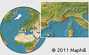 Satellite Location Map of Monaco, within the entire country