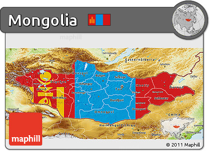 Flag 3D Map of Mongolia, physical outside, flag centered