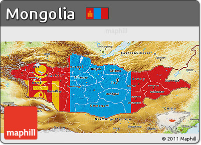 Flag 3D Map of Mongolia, physical outside, flag centered
