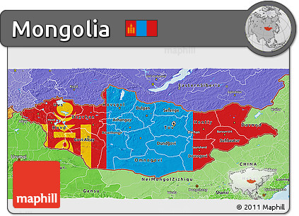 Flag 3D Map of Mongolia, political shades outside, flag centered