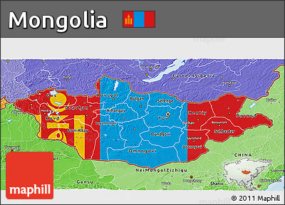 Flag 3D Map of Mongolia, political shades outside, flag centered