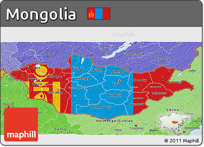 Flag 3D Map of Mongolia, political shades outside, flag centered