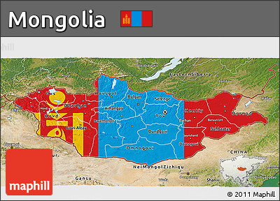 Flag 3D Map of Mongolia, satellite outside, flag centered