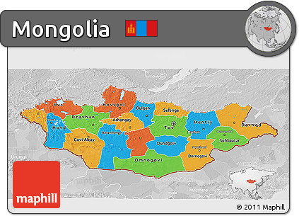 Political 3D Map of Mongolia, lighten, desaturated