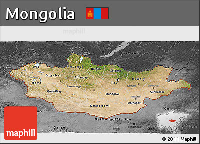 Satellite 3D Map of Mongolia, darken, desaturated