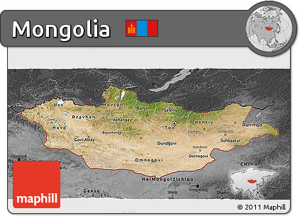 Satellite 3D Map of Mongolia, darken, desaturated