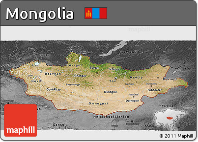Satellite 3D Map of Mongolia, darken, desaturated