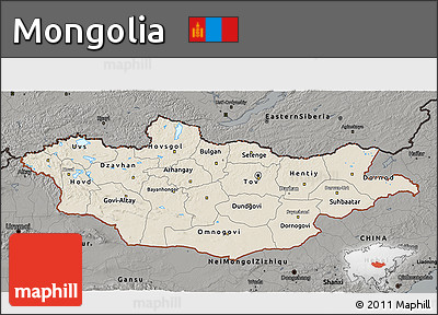 Shaded Relief 3D Map of Mongolia, darken, semi-desaturated