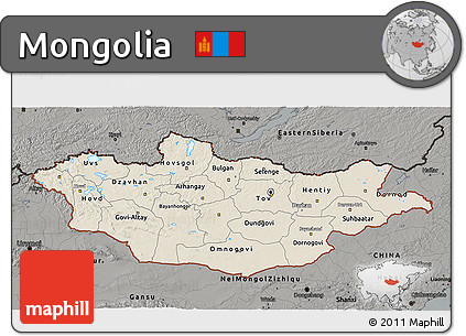 Shaded Relief 3D Map of Mongolia, darken, semi-desaturated