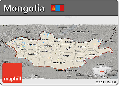 Shaded Relief 3D Map of Mongolia, darken, semi-desaturated