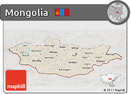 Shaded Relief 3D Map of Mongolia, lighten, semi-desaturated