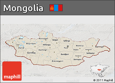 Shaded Relief 3D Map of Mongolia, lighten, semi-desaturated