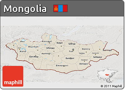 Shaded Relief 3D Map of Mongolia, lighten, semi-desaturated
