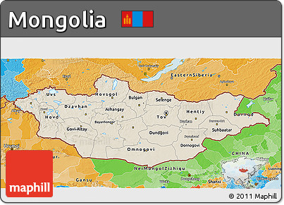 Shaded Relief 3D Map of Mongolia, political outside