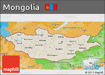 Shaded Relief 3D Map of Mongolia, political outside