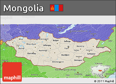 Shaded Relief 3D Map of Mongolia, political shades outside
