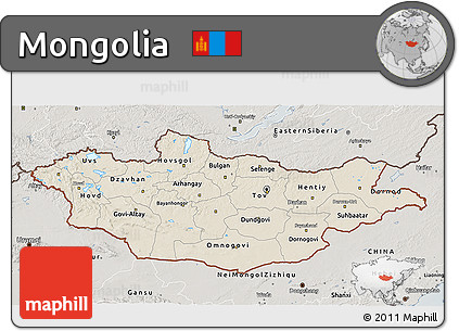 Shaded Relief 3D Map of Mongolia, semi-desaturated