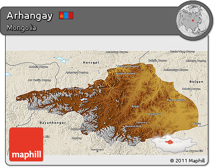 Physical 3D Map of Arhangay, shaded relief outside