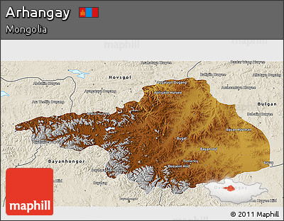 Physical 3D Map of Arhangay, shaded relief outside