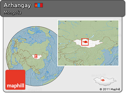Savanna Style Location Map of Arhangay, highlighted country, within the entire country, hill shading