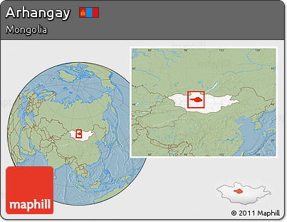 Savanna Style Location Map of Arhangay, highlighted country, within the entire country, hill shading