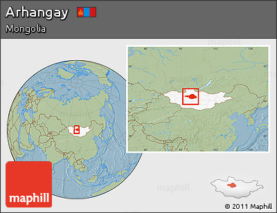 Savanna Style Location Map of Arhangay, highlighted country, within the entire country, hill shading